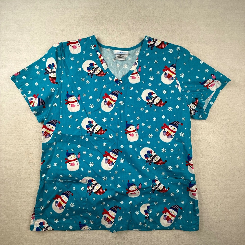 SB Scrubs Snowman Snowflake V-Neck Scrub Top Medium Winter Christmas nursing